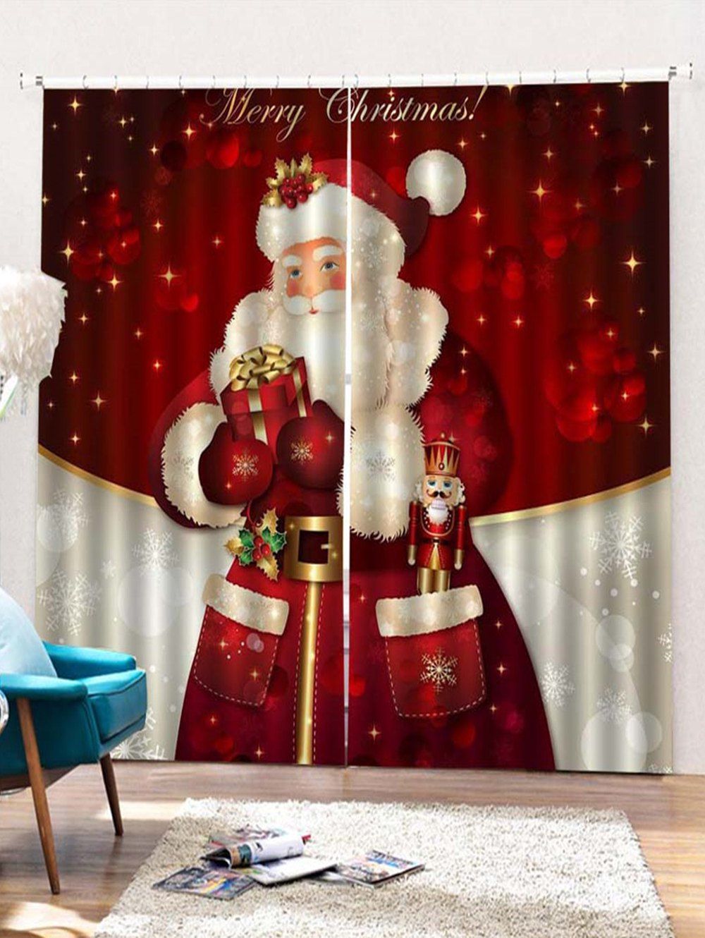 

2PCS Father Christmas Gift Printed Window Curtains, Lava red