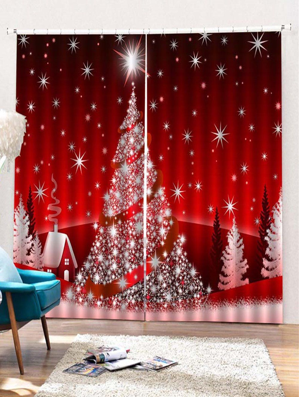 

2PCS Star Christmas Tree Printed Window Curtains, Lava red
