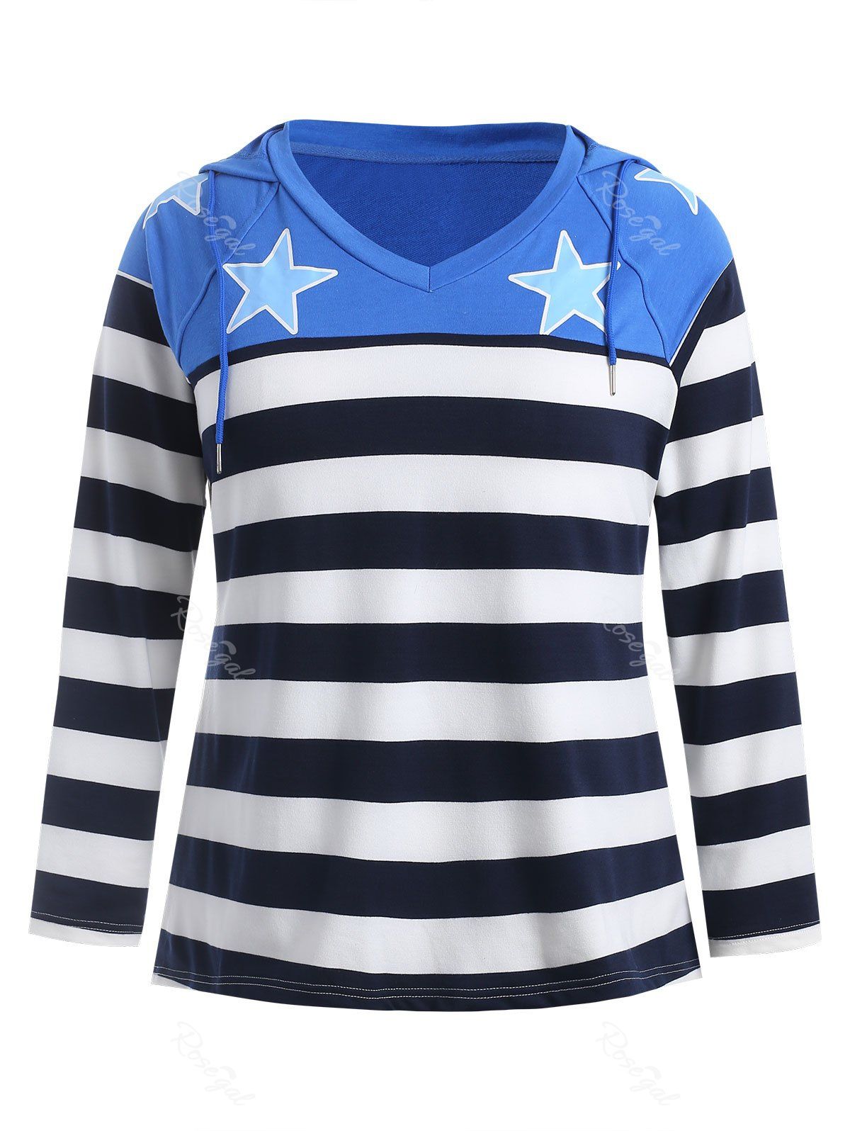 Striped Panel Plus Size Star Print Hoodie, Blueberry blue