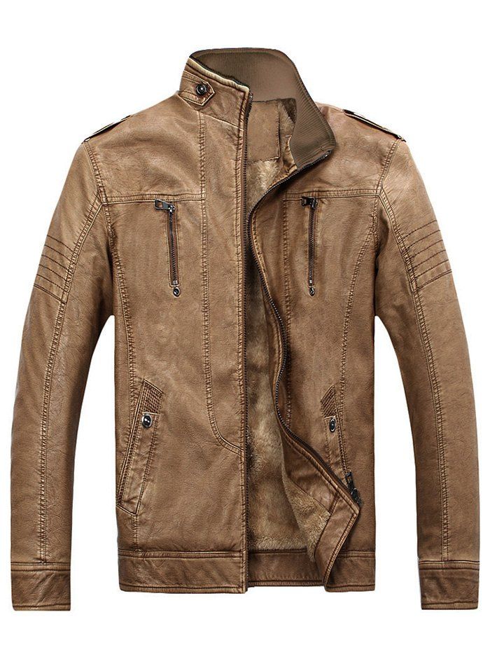 

Retro PU Leather Fluffy Lined Jacket, Light brown