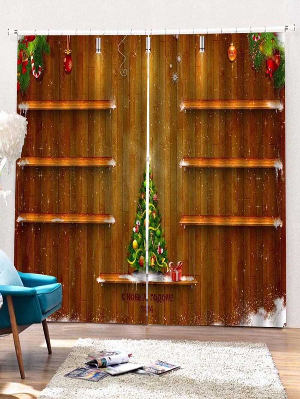 

2PCS Christmas Tree Wooden Printed Window Curtains, Wood