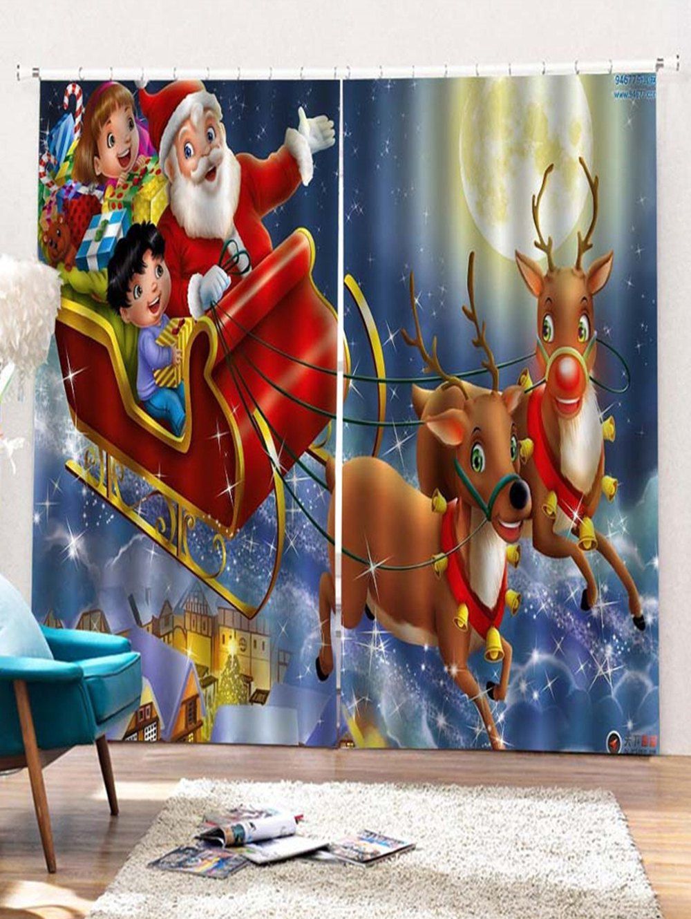 

2PCS Father Christmas Deer Window Curtains, Deep blue