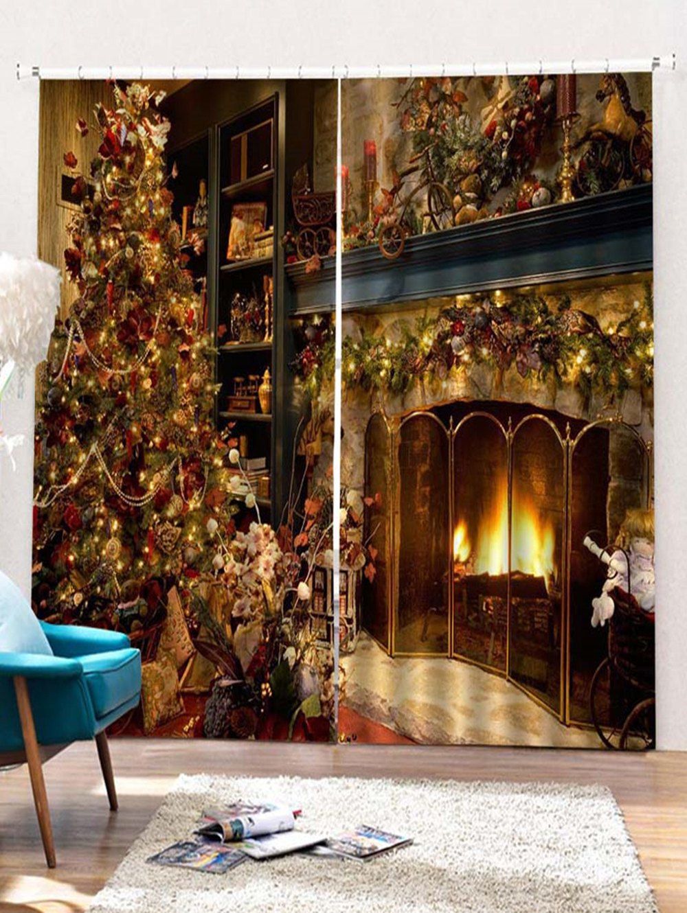 

2PCS Christmas Theme Printed Window Curtains, Golden brown