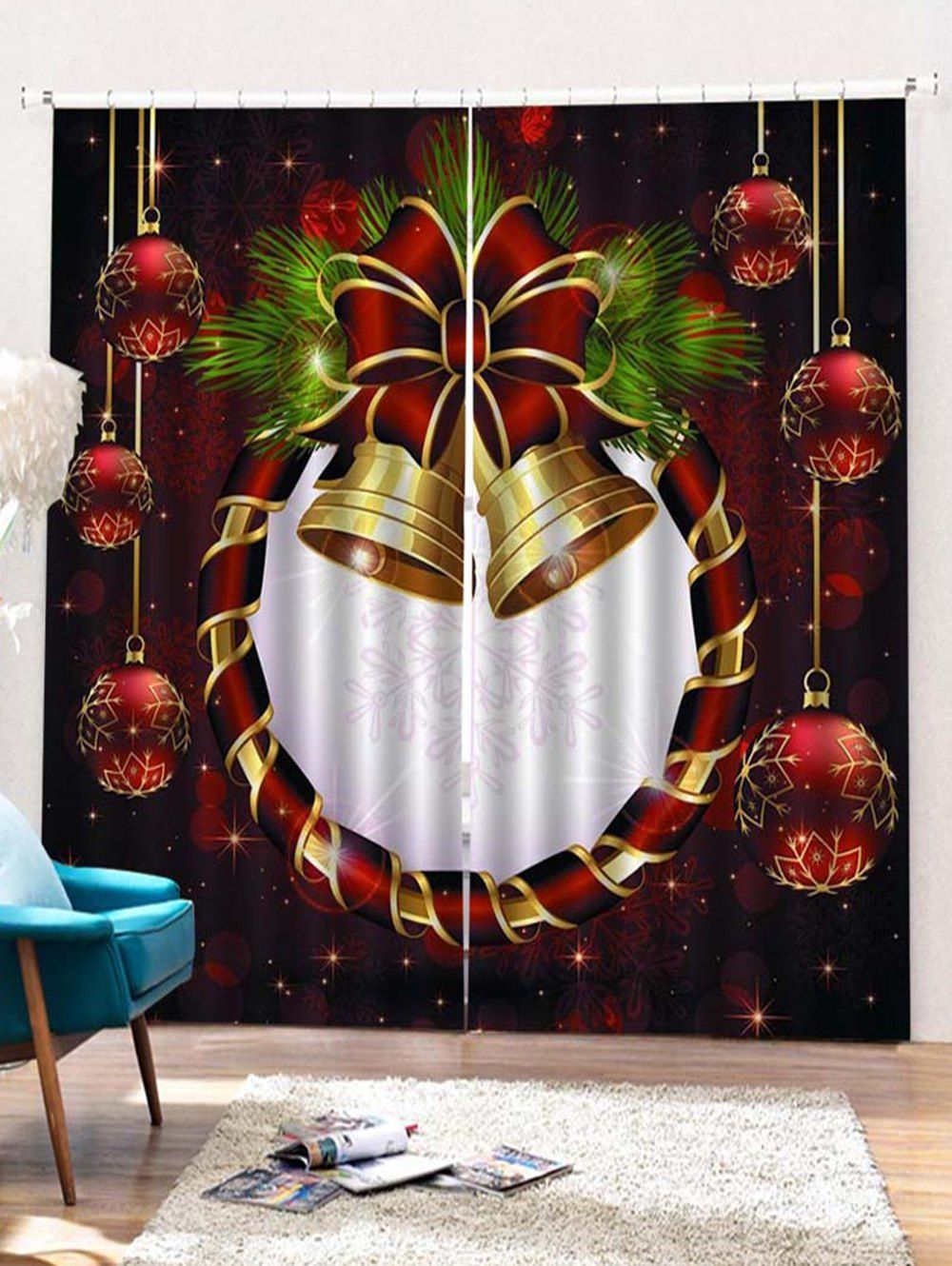 

2PCS Christmas Ball Bell Printed Window Curtains, Red
