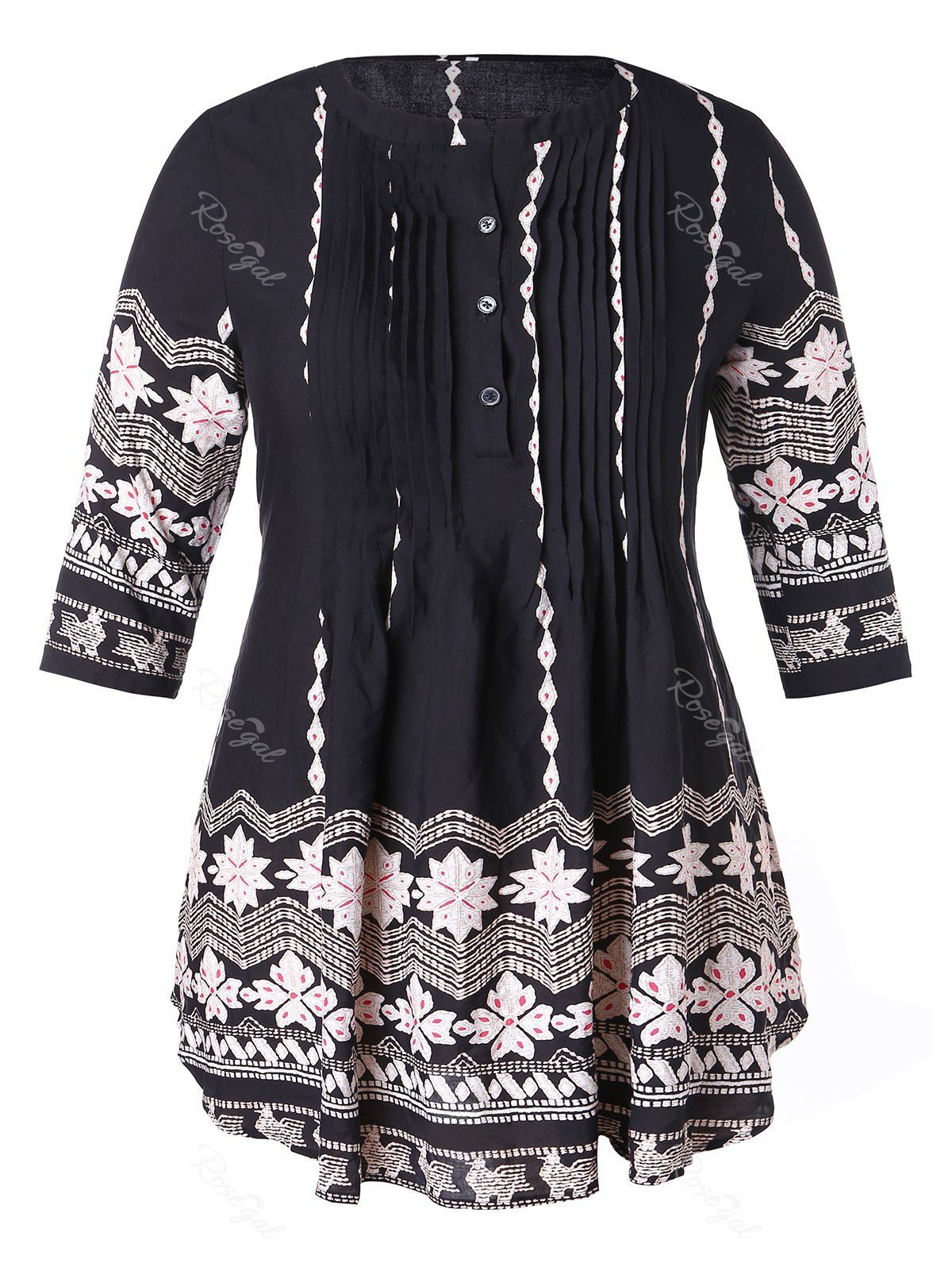 

Plus Size Button Tribal Print Three Quarter Sleeve Long Blouse, Black