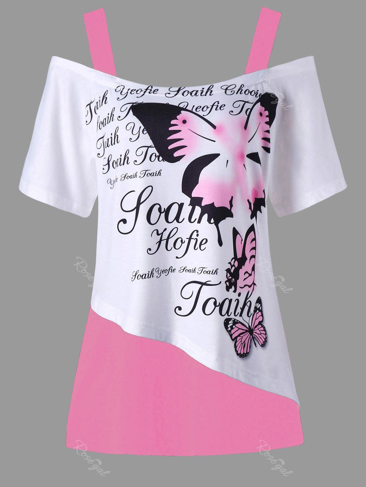 

Plus Size Butterfly Print Cold Shoulder T-shirt, Light pink