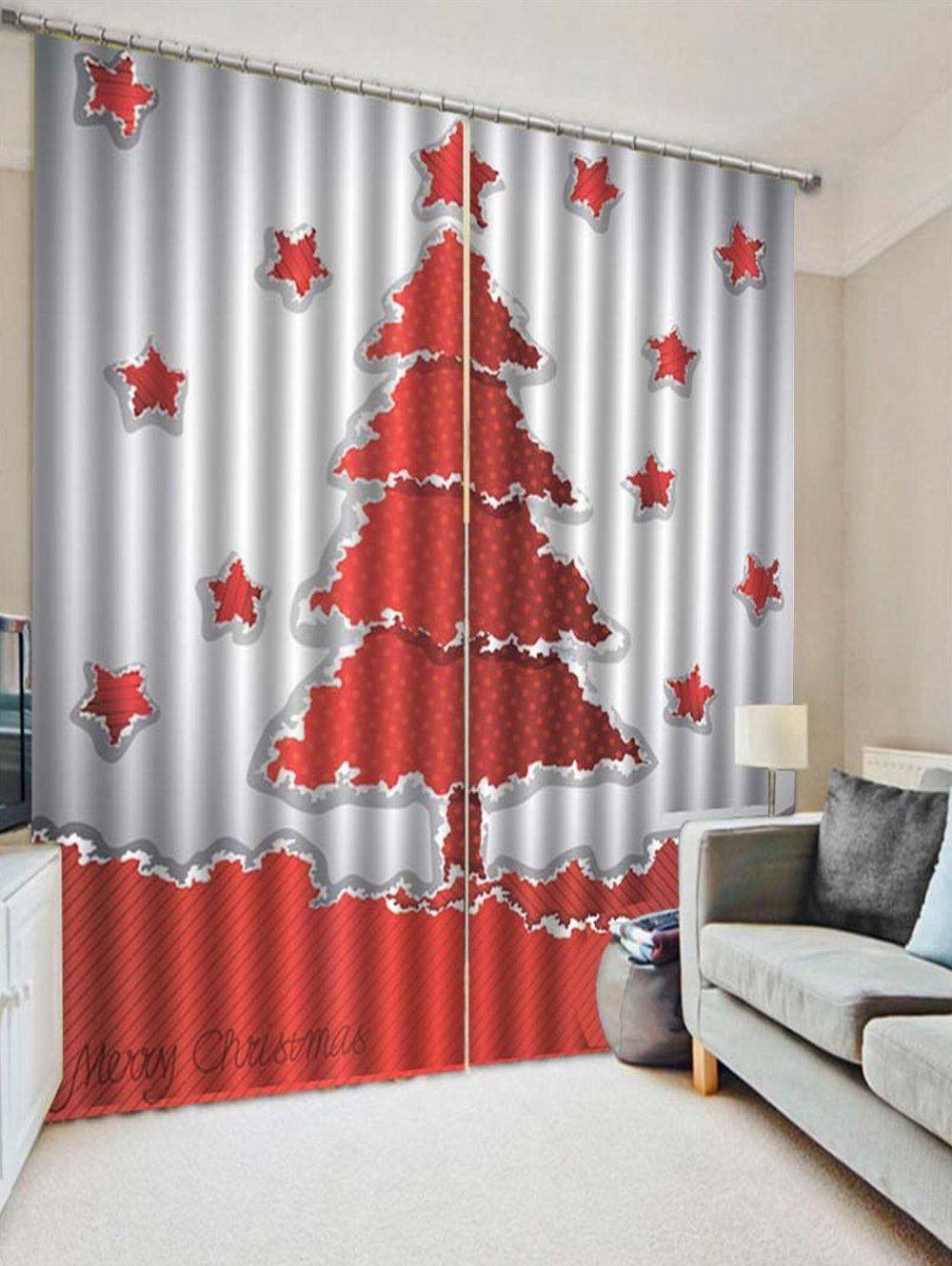 

2PCS Christmas Tree Star Printed Window Curtains, Red