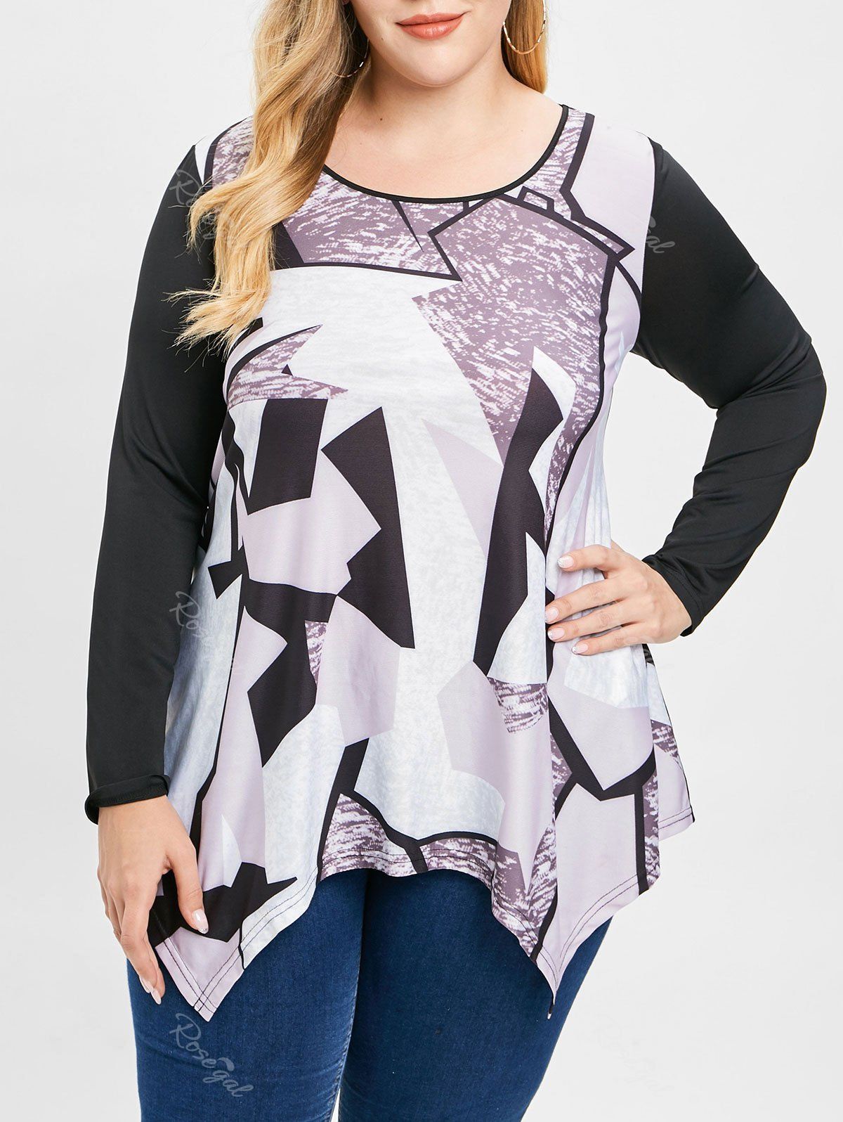 

Plus Size Geometry Asymmetrical Tunic Tee, Black