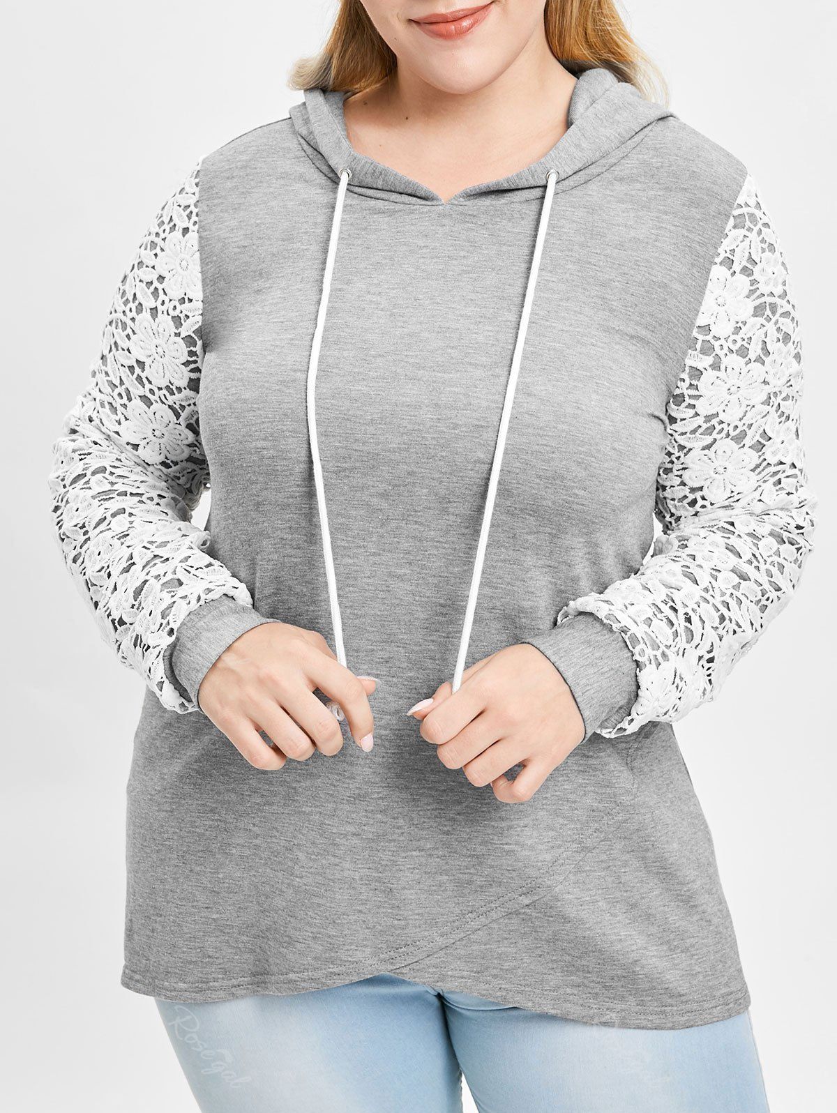 

Plus Size Lace Panel High Low Hoodie, Light gray