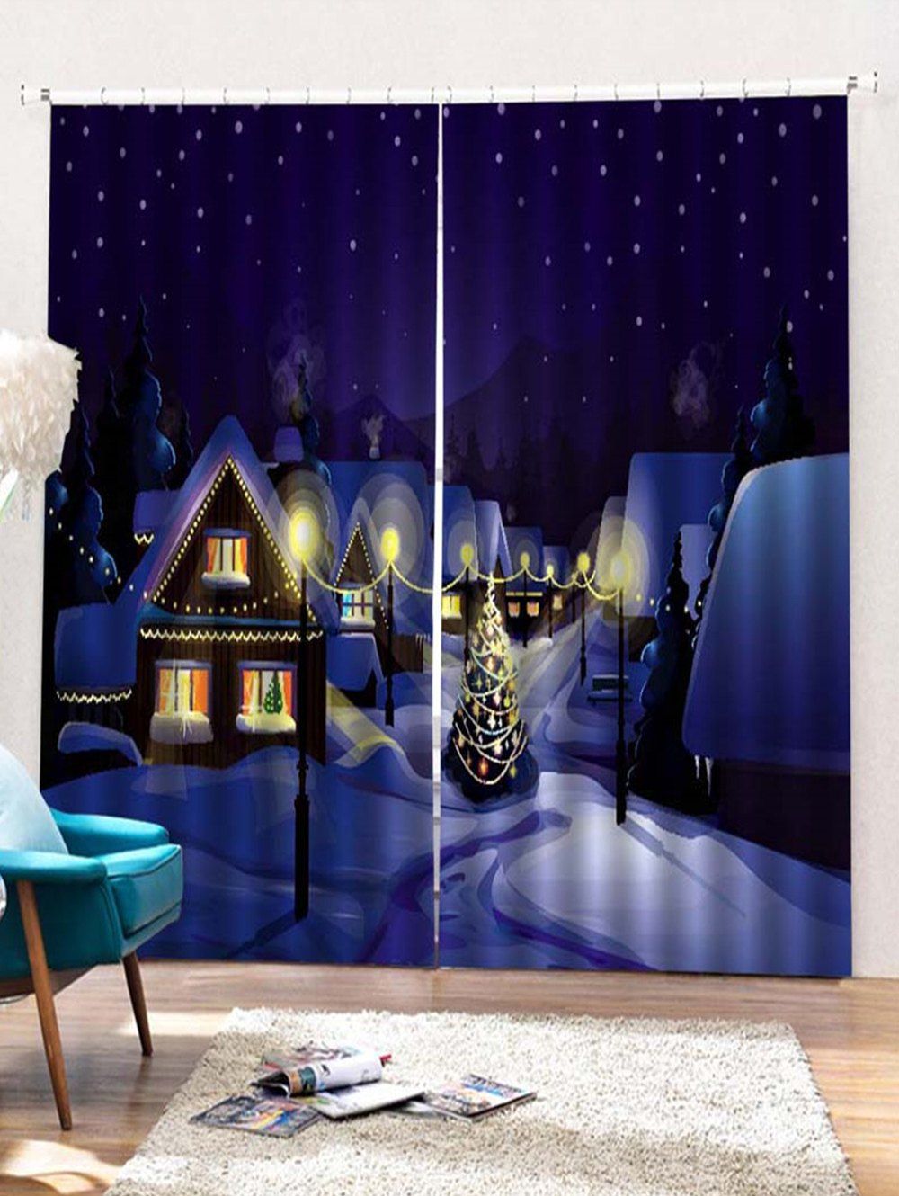 

2PCS Christmas Snow Night Printed Window Curtains, Deep blue