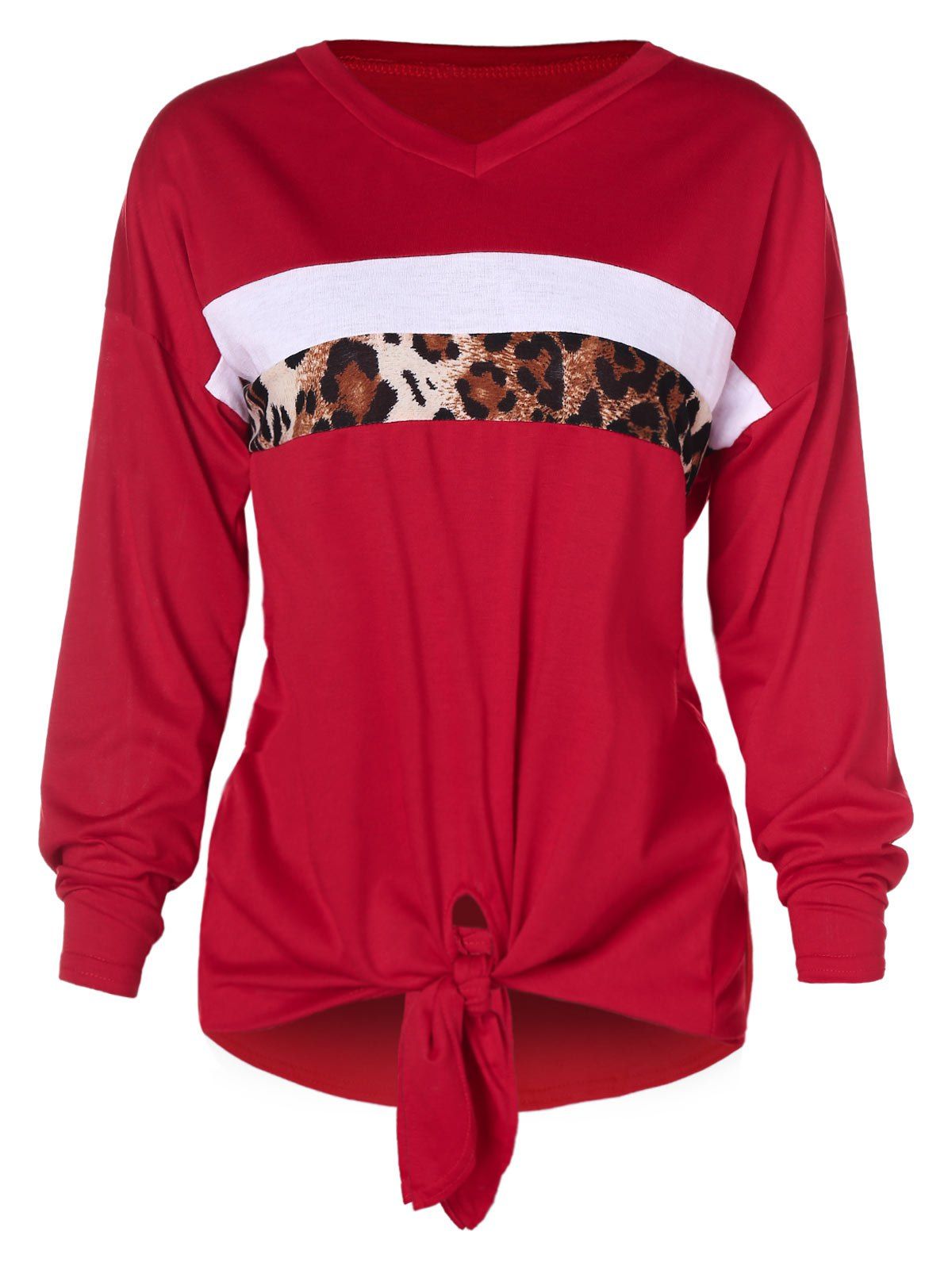 

Leopard Panel Long Sleeve T-shirt with Tie, Red