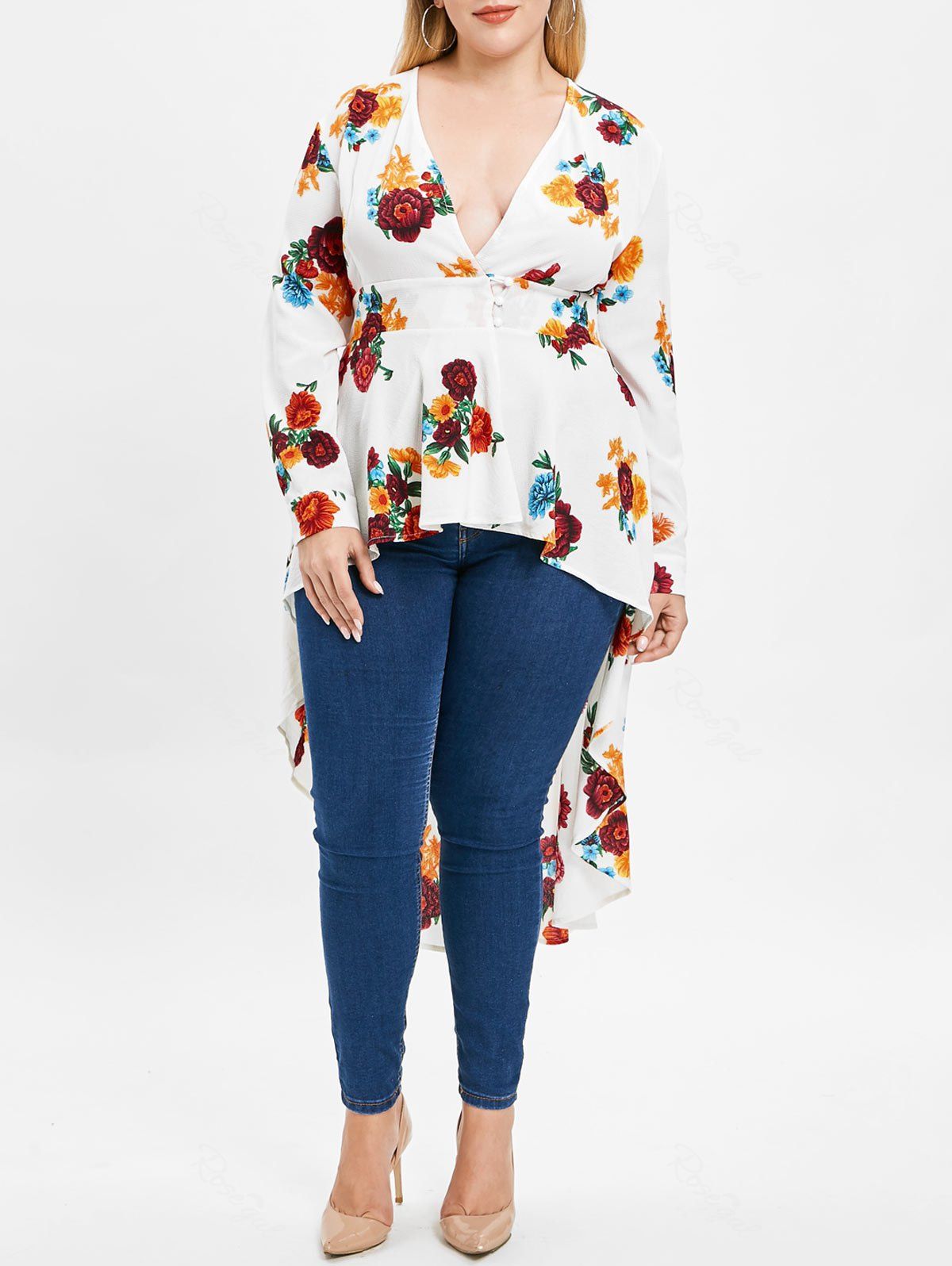 

Plus Size Plunge High Low Floral Maxi Blouse, White
