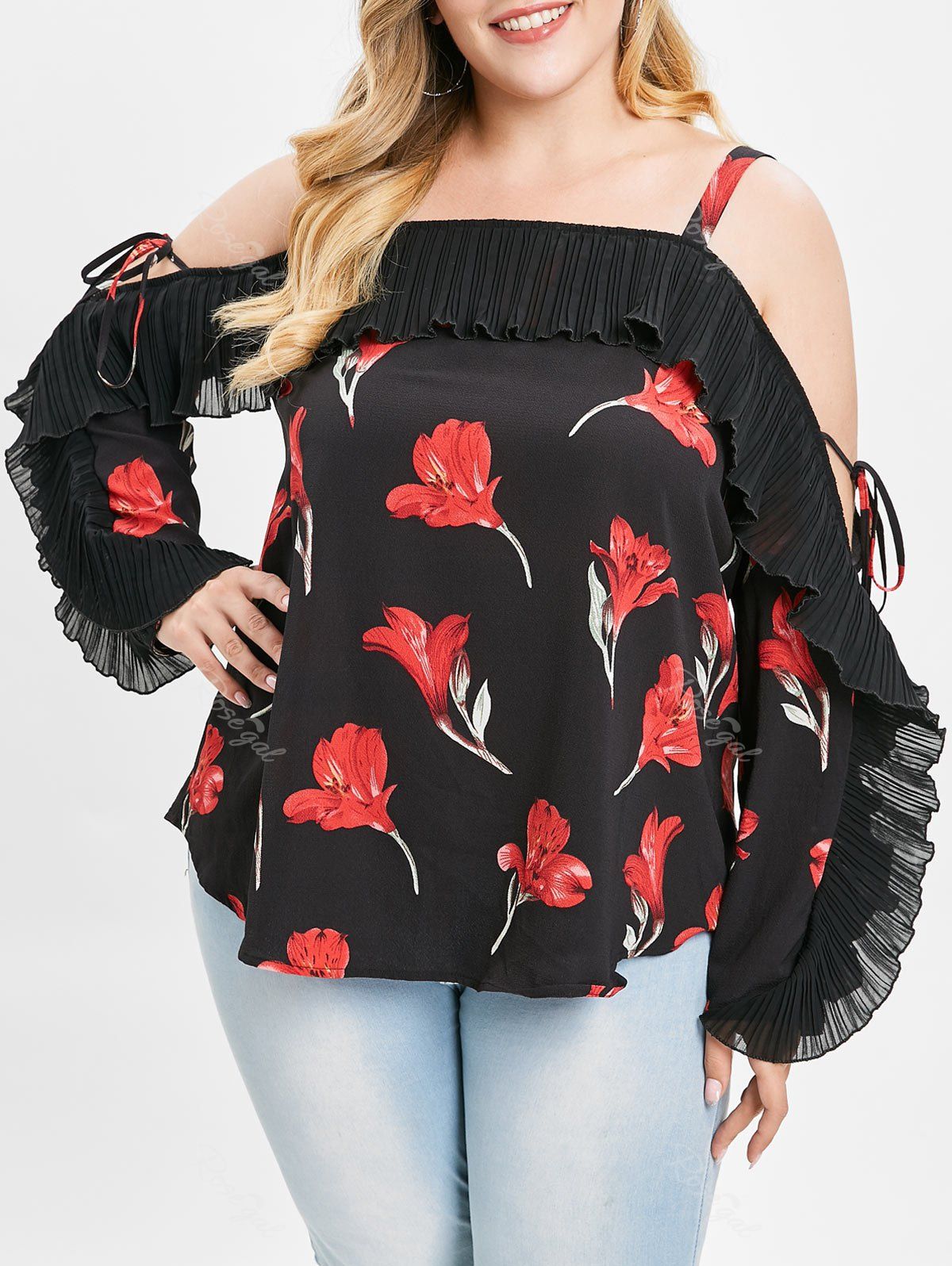 

Plus Size Ruffle Floral Cold Shoulder Blouse, Black