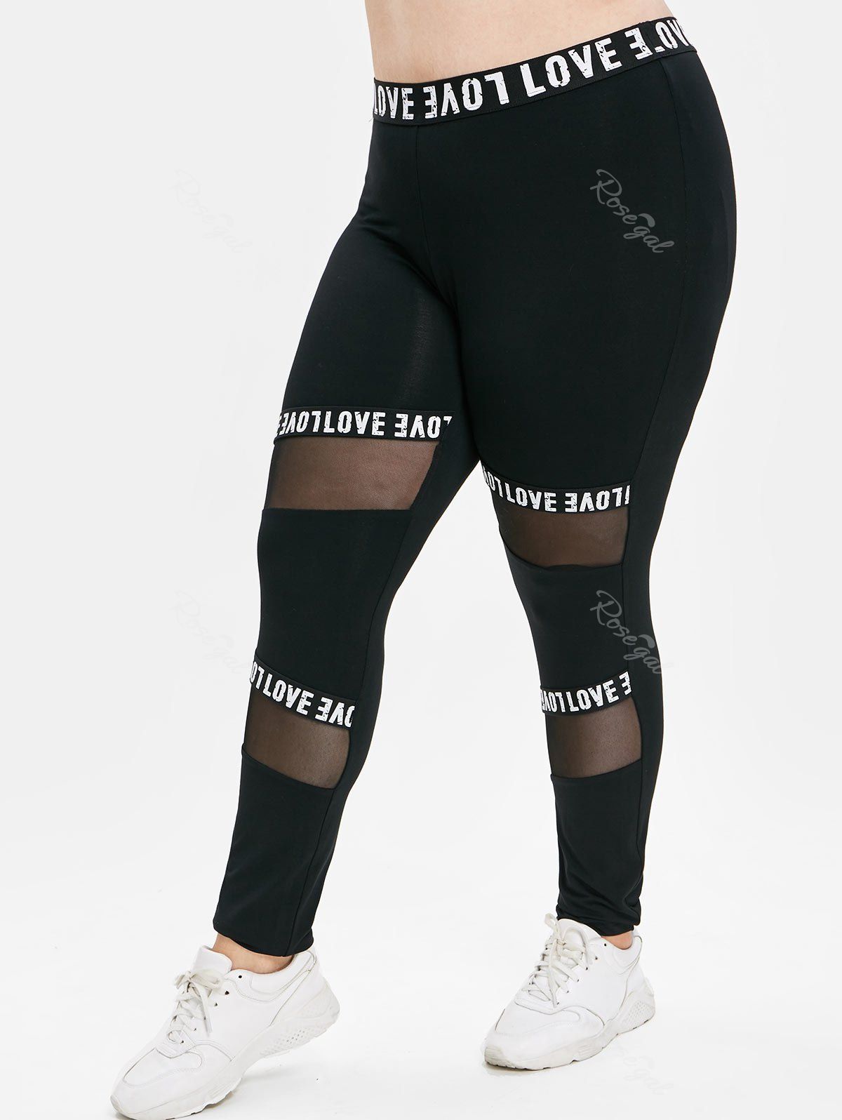 

Letter Graphic Band Mesh Inset Plus Size Leggings, Black