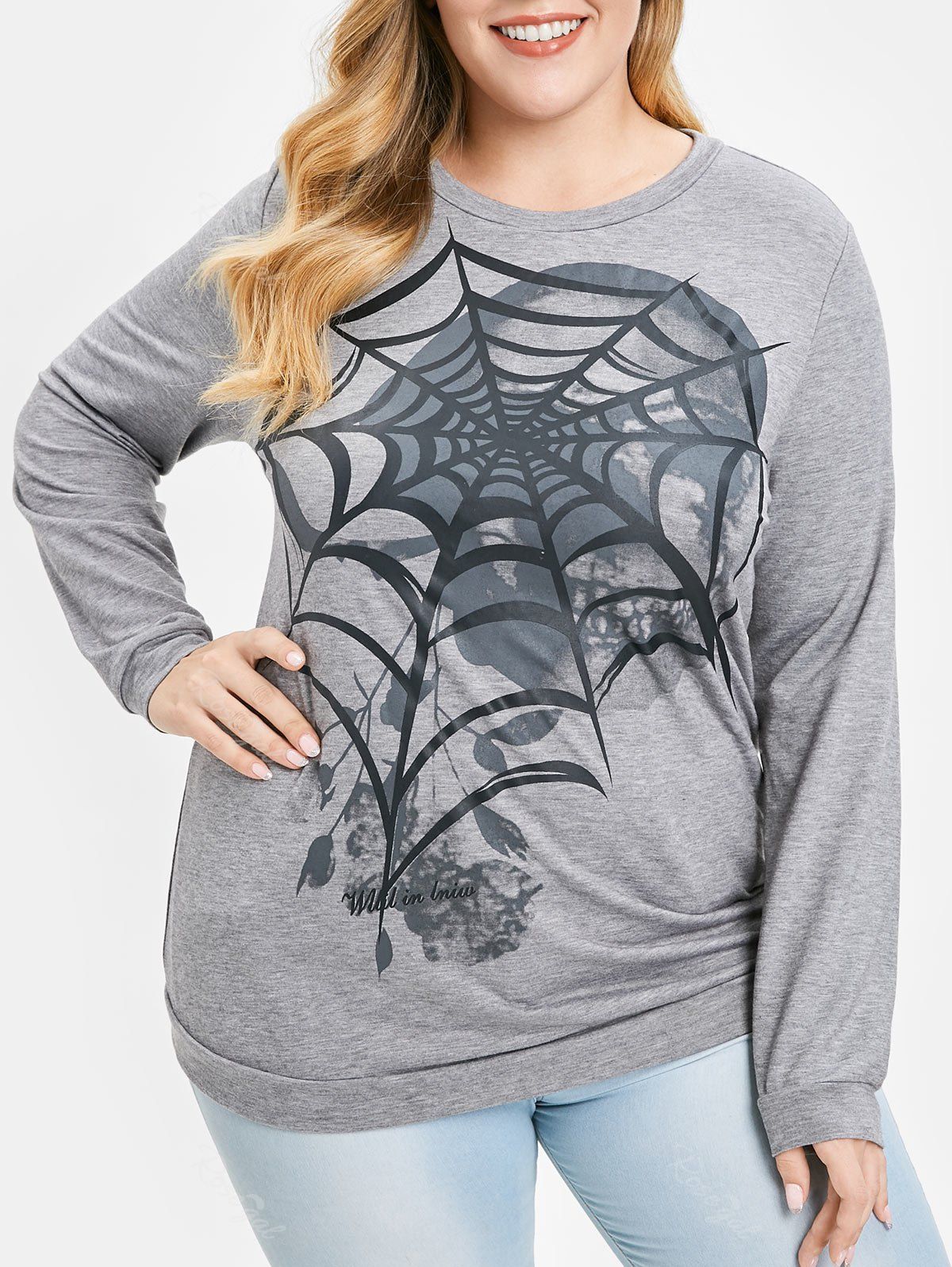 

Plus Size Skull Cobweb Halloween Sweatshirt, Gray