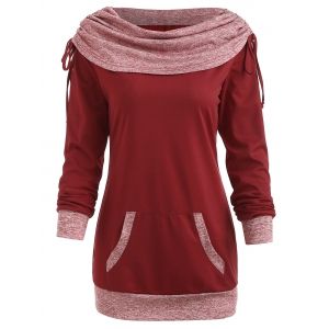 

Kangaroo Pocket Drawstring Ruched Sweatshirt, Red wine