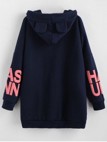 

Letter Print Plus Size Drawstring Hoodie, Dark slate blue