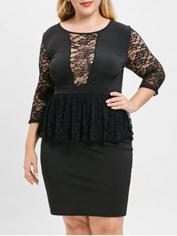 Plus Size Lace Spliced Knee Length Peplum Dress - BLACK - L