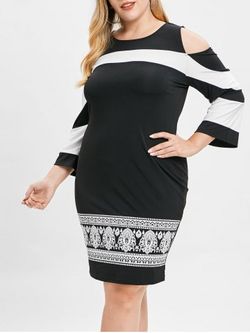Plus Size Open Shoulder Ethnic Print Dress - BLACK - 4X