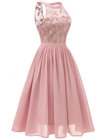 

Sleeveless Lace Insert Prom Dress, Pink