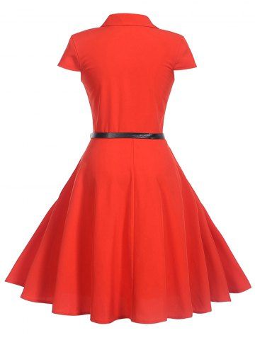 

Cap Sleeve Shirt Collar A Line Dress, Red