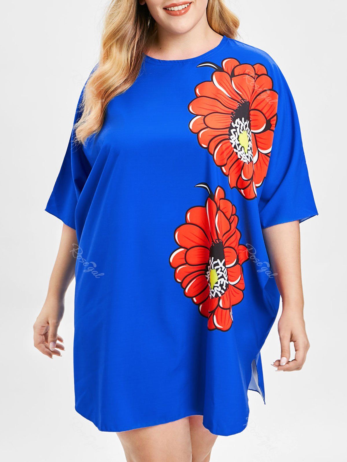 

Plus Size Batwing Sleeve Floral Mini Dress, Blue