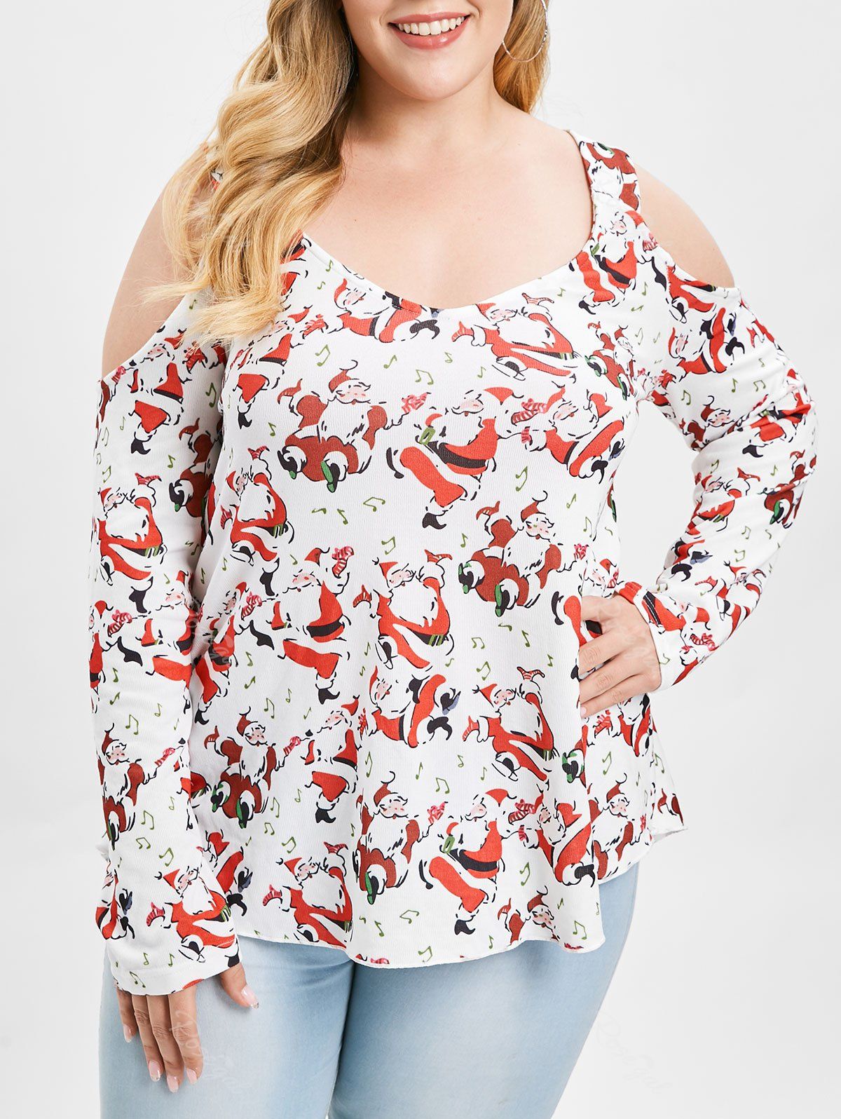 

Plus Size Open Shoulder Santa Claus Print Christmas T-shirt, Red