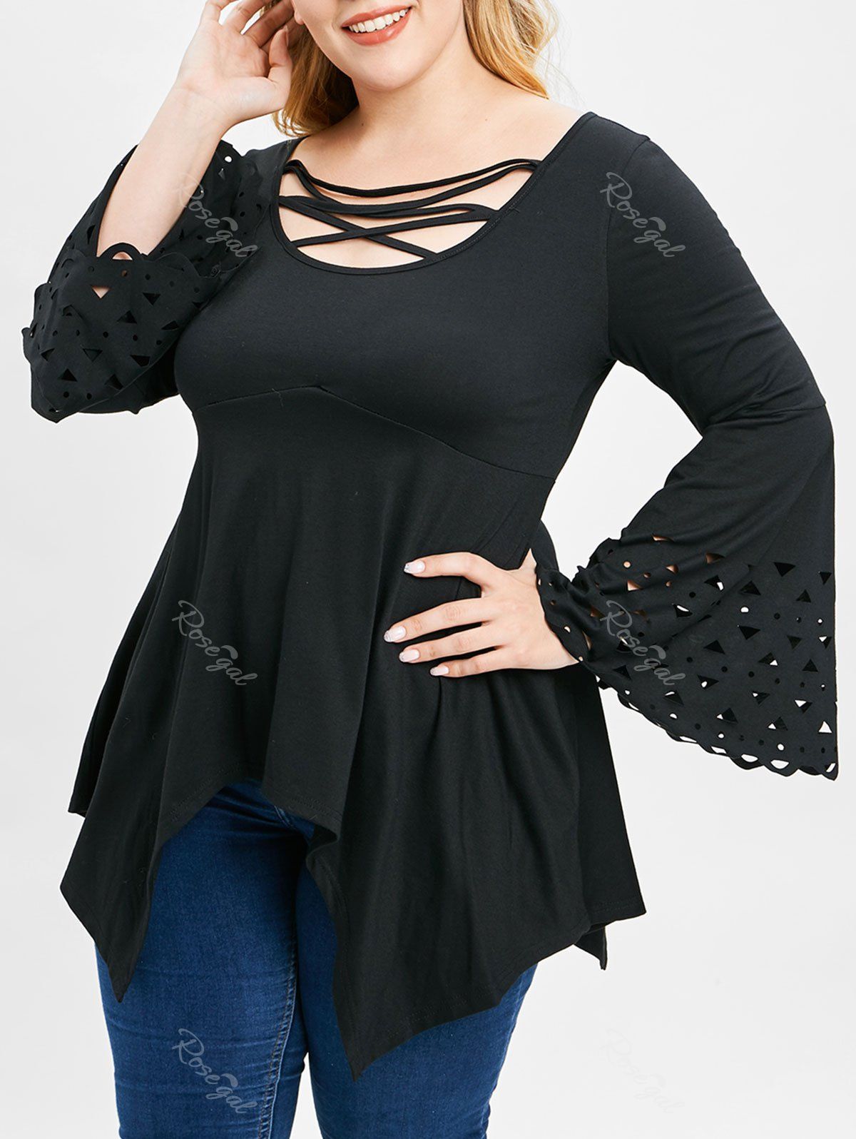 

Plus Size Long Sleeves Criss Cross Asymmetric Tee, Black