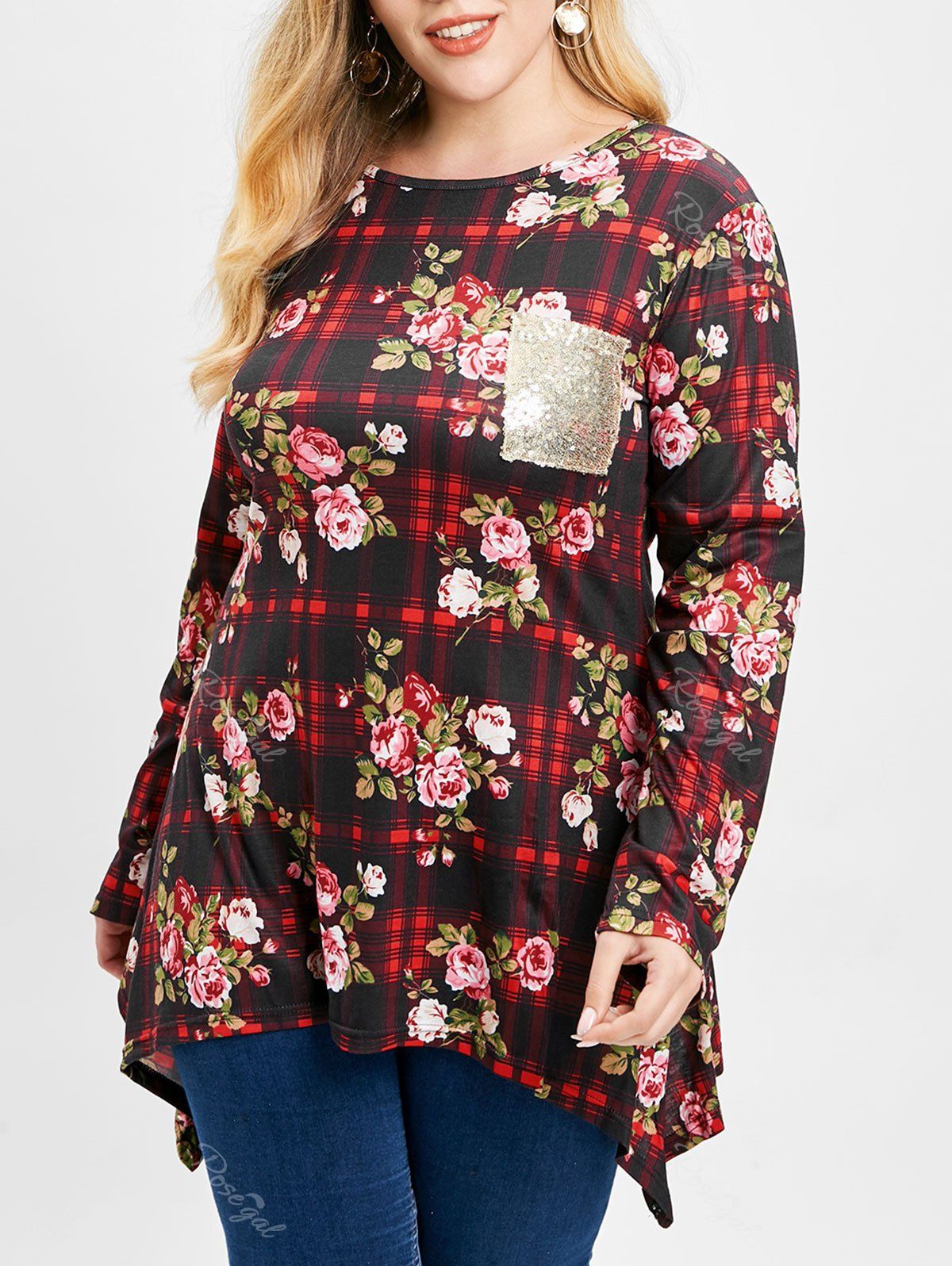 

Plus Size Floral Plaid Asymmetrical T-shirt, Multi