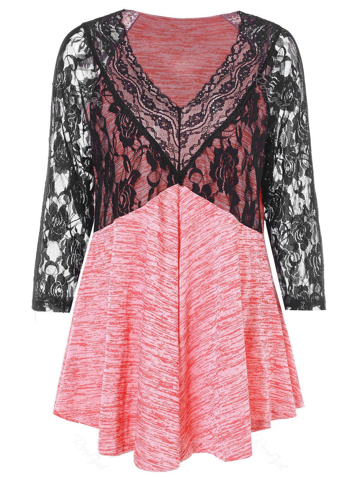 

Plus Size Lace Panel Trapeze T-shirt, Pink