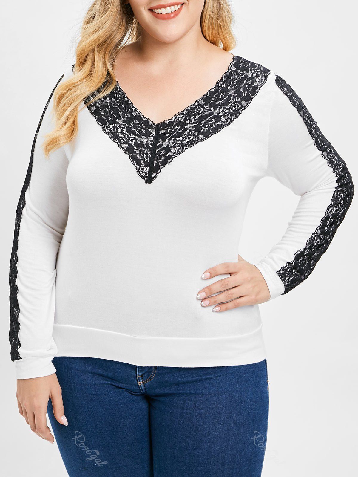 

Plus Size V Neck Lace Insert T-shirt, White