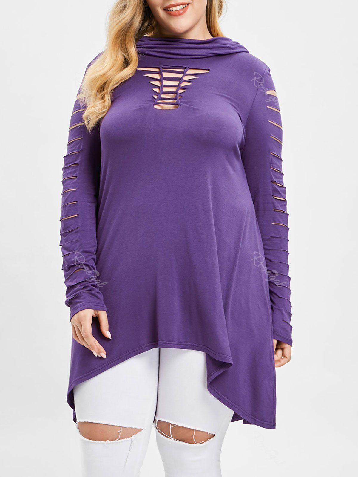 

Ladder Cut Out Sleeve Plus Size Hooded T-shirt, Purple