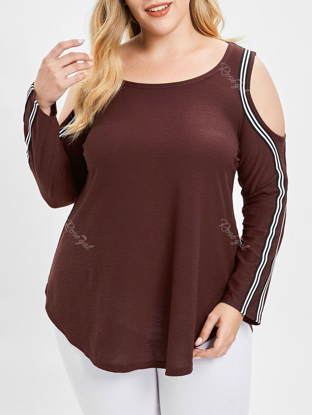 

Cut Out Sleeve Plus Size Striped Panel T-shirt, Blood red
