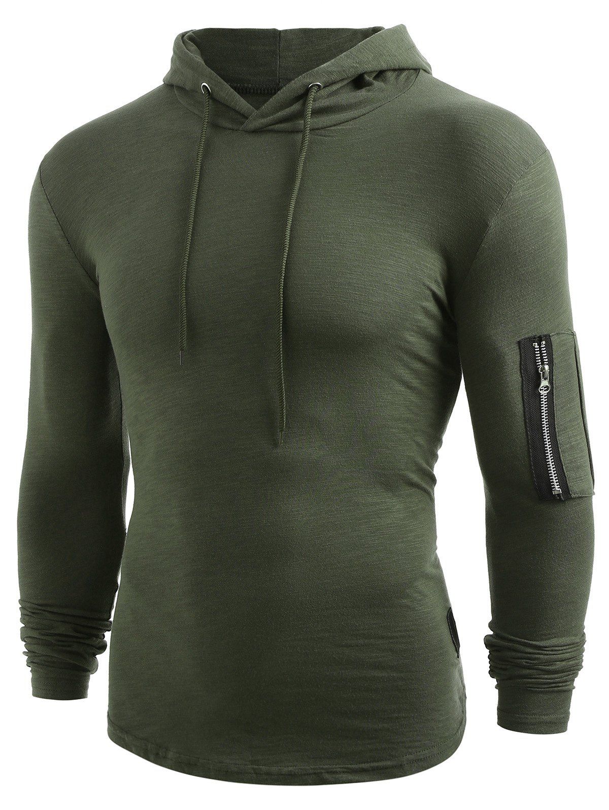 

Solid Sleeve Zip Pocket Hem Curved T-shirt, Army green