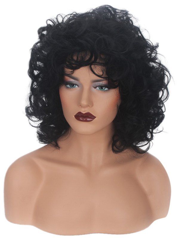 

Medium Inclined Bang Curly Capless Synthetic Wig, Black