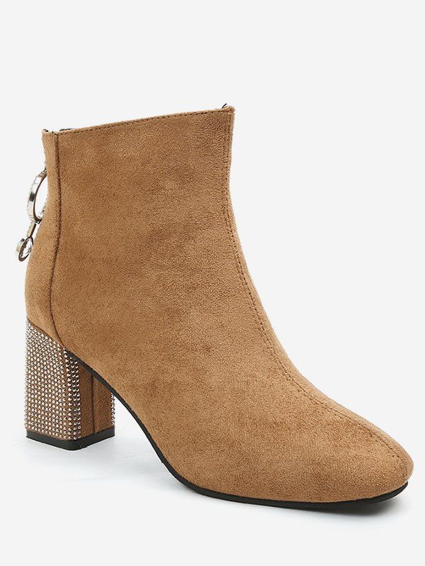 

Rhinestone Chunky Heel Short Boots, Camel brown