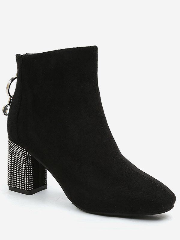 

Rhinestone Chunky Heel Short Boots, Black