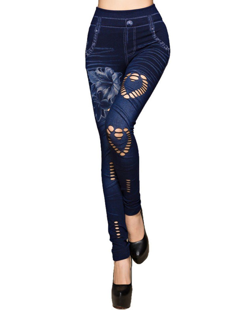 

Hole Heart Printing Faux Denim Pants, Peacock blue