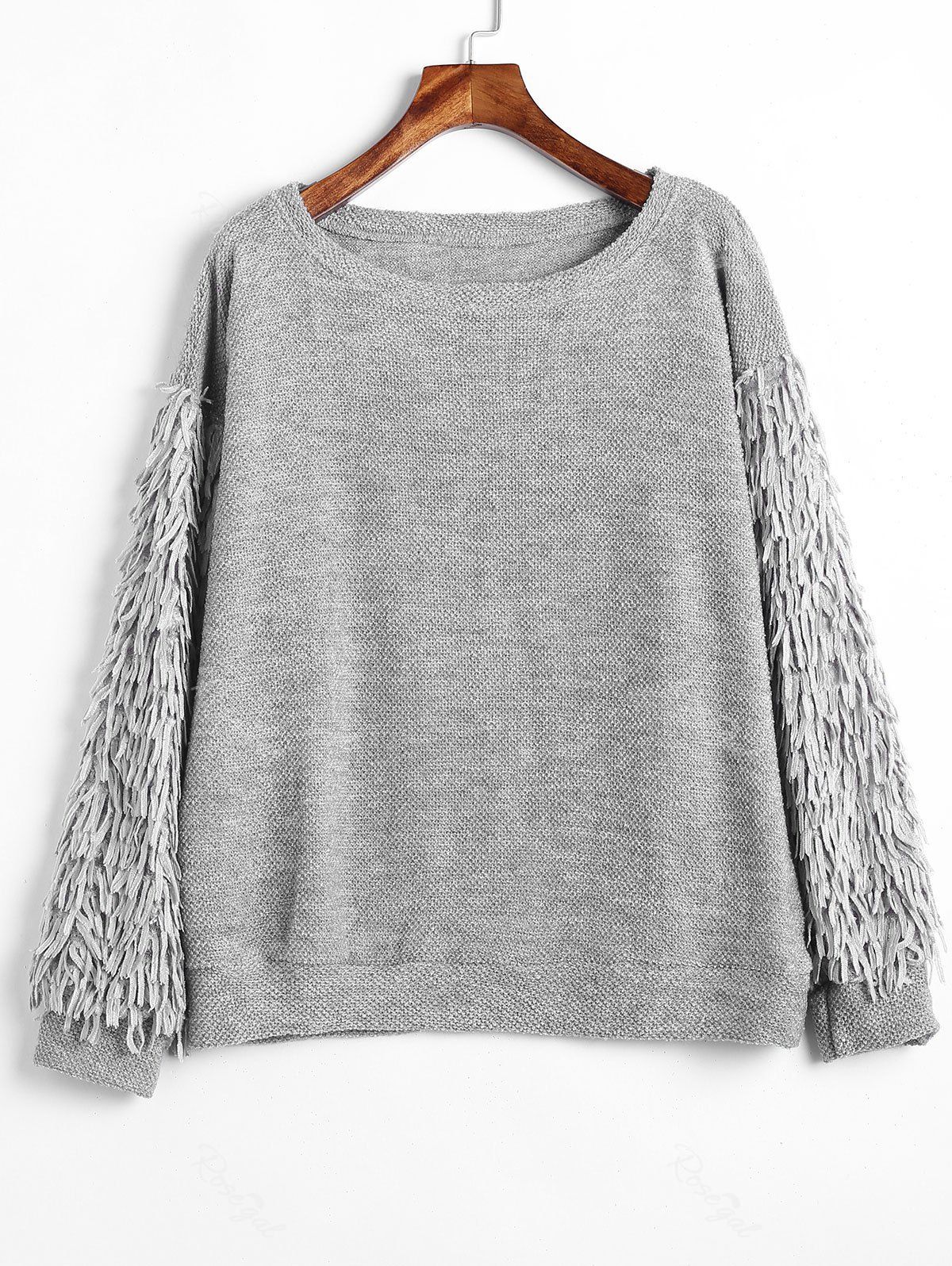 

Plus Size Shiny Fringed Sleeves Sweater, Light gray