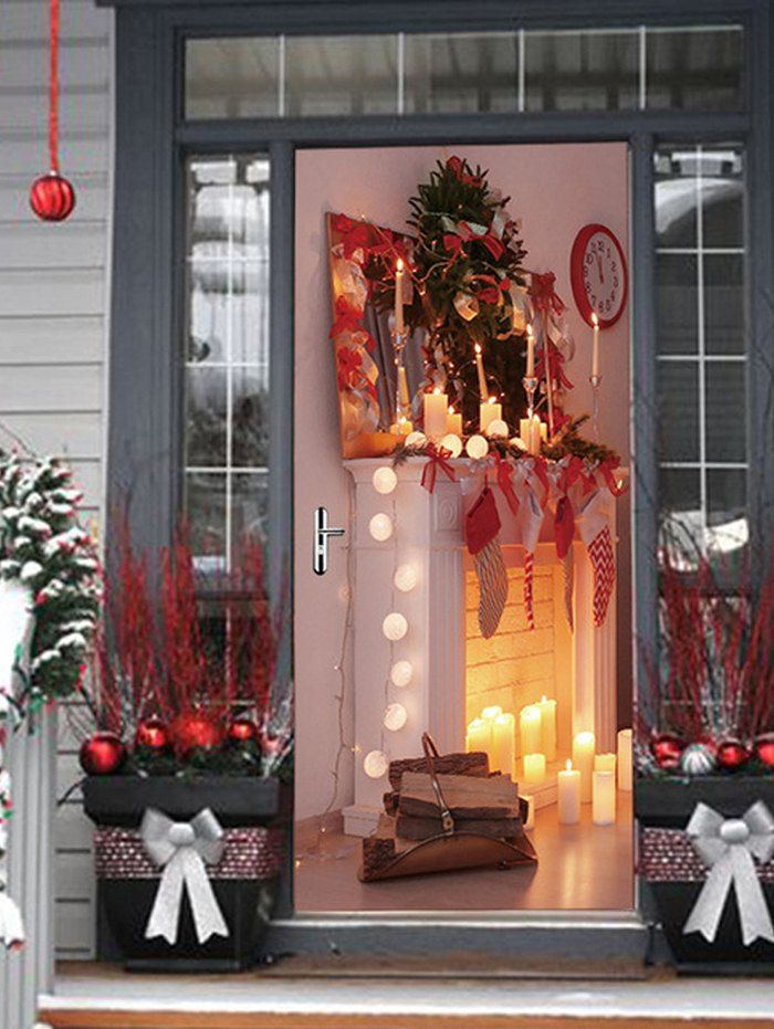

Christmas Fireplace Candle Print Door Stickers, Multi
