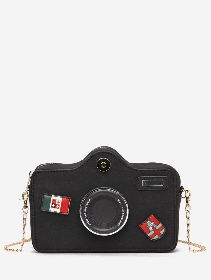 

Camera Pattern Fluffy Mini Crossbody Bag, Black