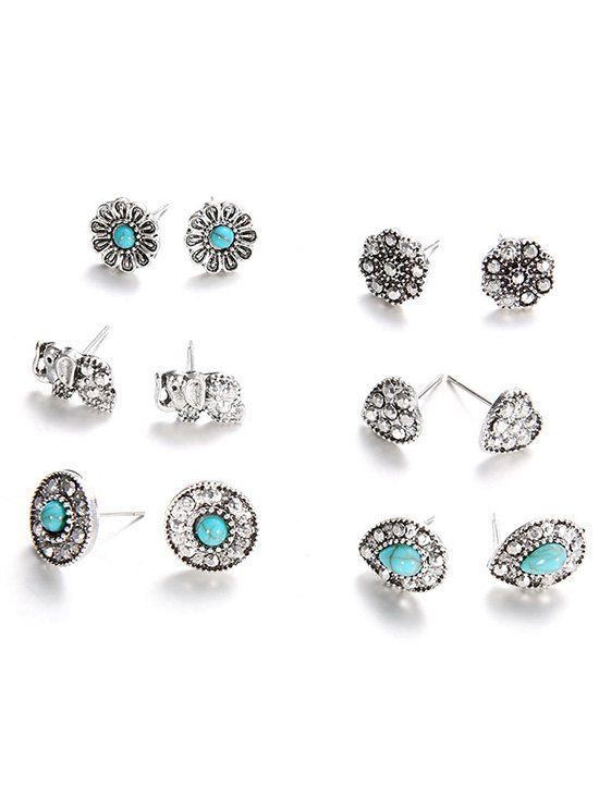 

Heart Design Rhinestone and Turquoise Earrings Set, Silver