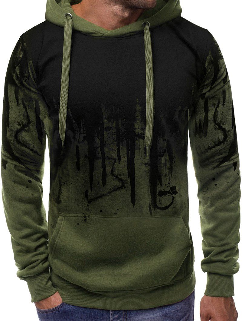 

Ink Print Pouch Pocket Pullover Fleece Hoodie, Army green