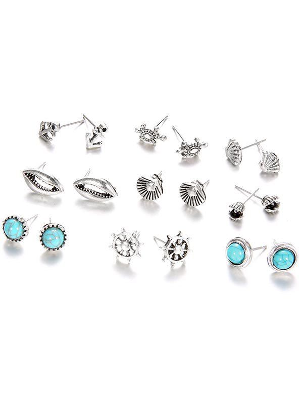 

Shell Pattern and Turquoise Earrings Set, Silver