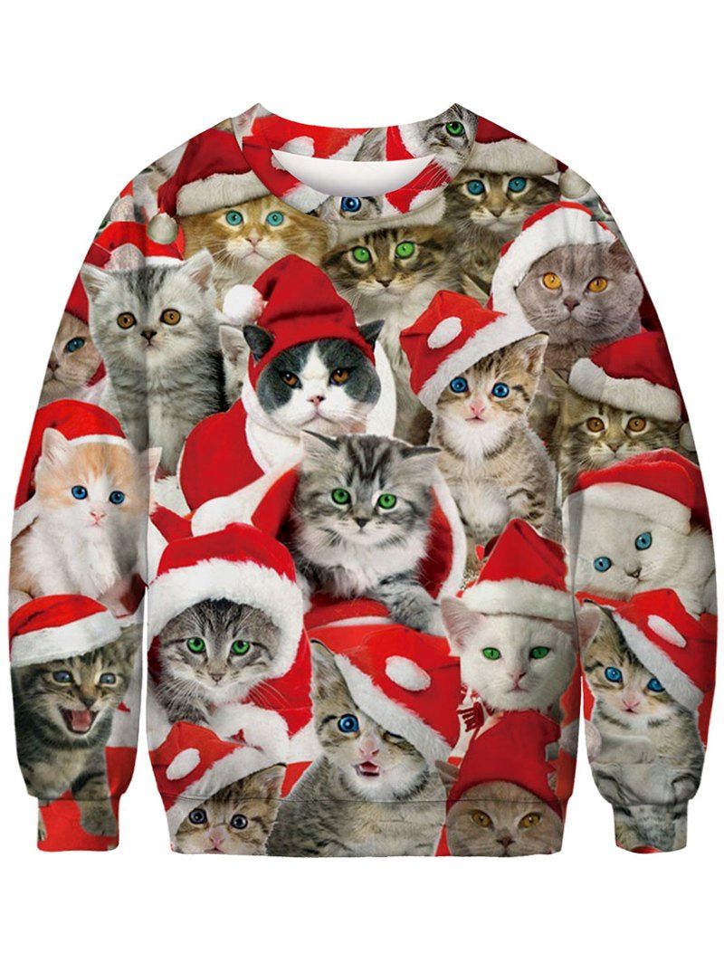

Christmas Cats Pattern Crew Neck Sweatshirt, Multi