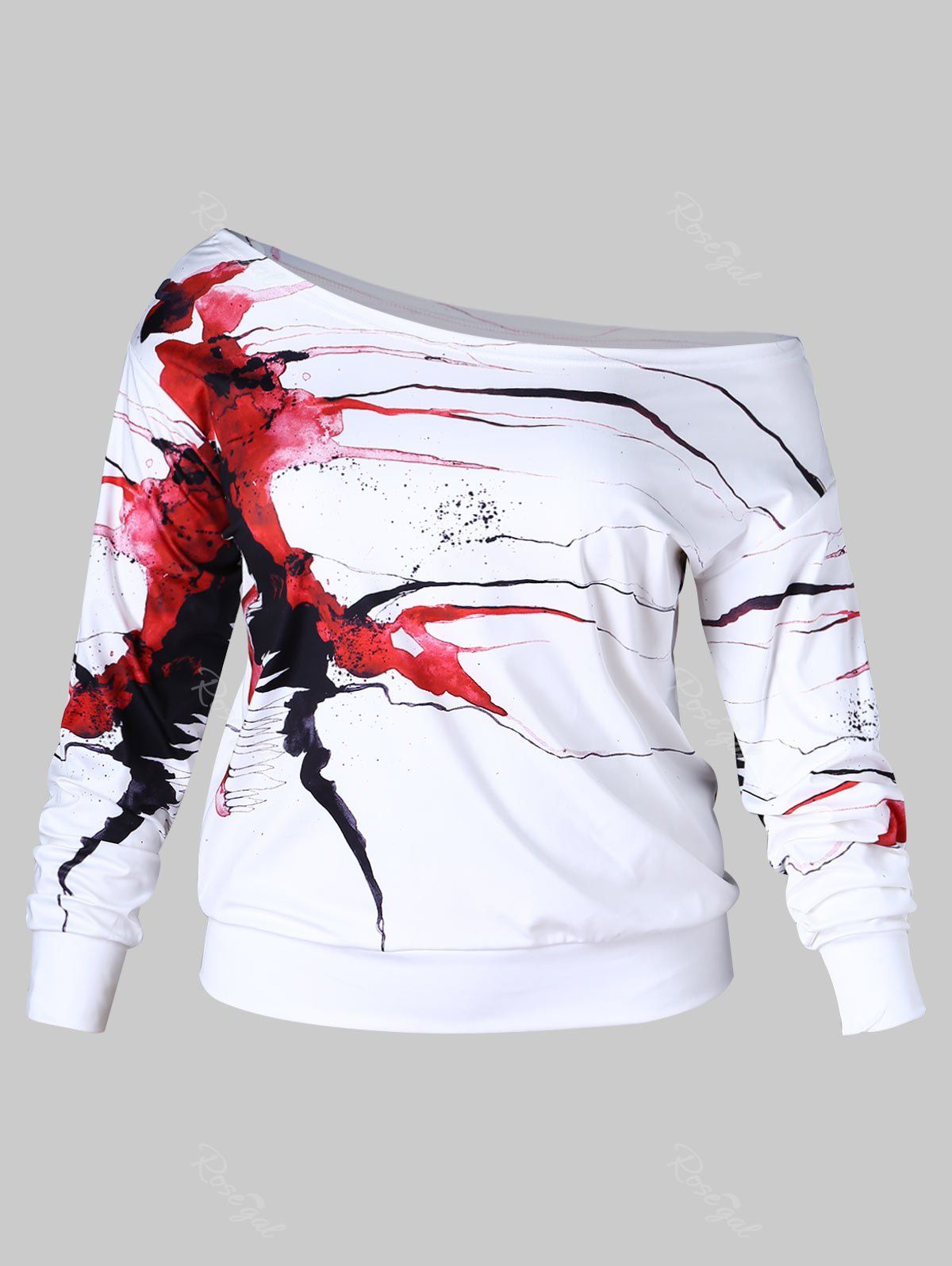 

Plus Size Pullover Splatter Paint Skew Neck Sweatshirt, White