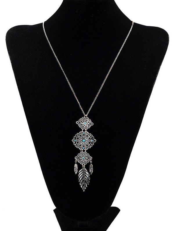 

Leaf Feather Shape Long Alloy Necklace, Silver