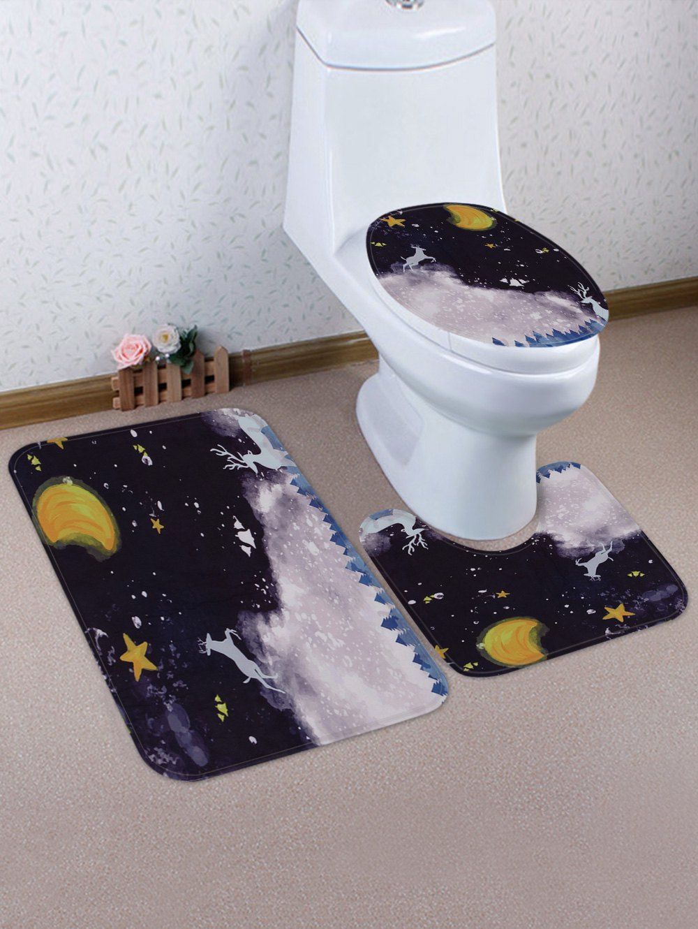 

Christmas Night Elk Pattern 3 Pcs Toilet Mat Set, Multi