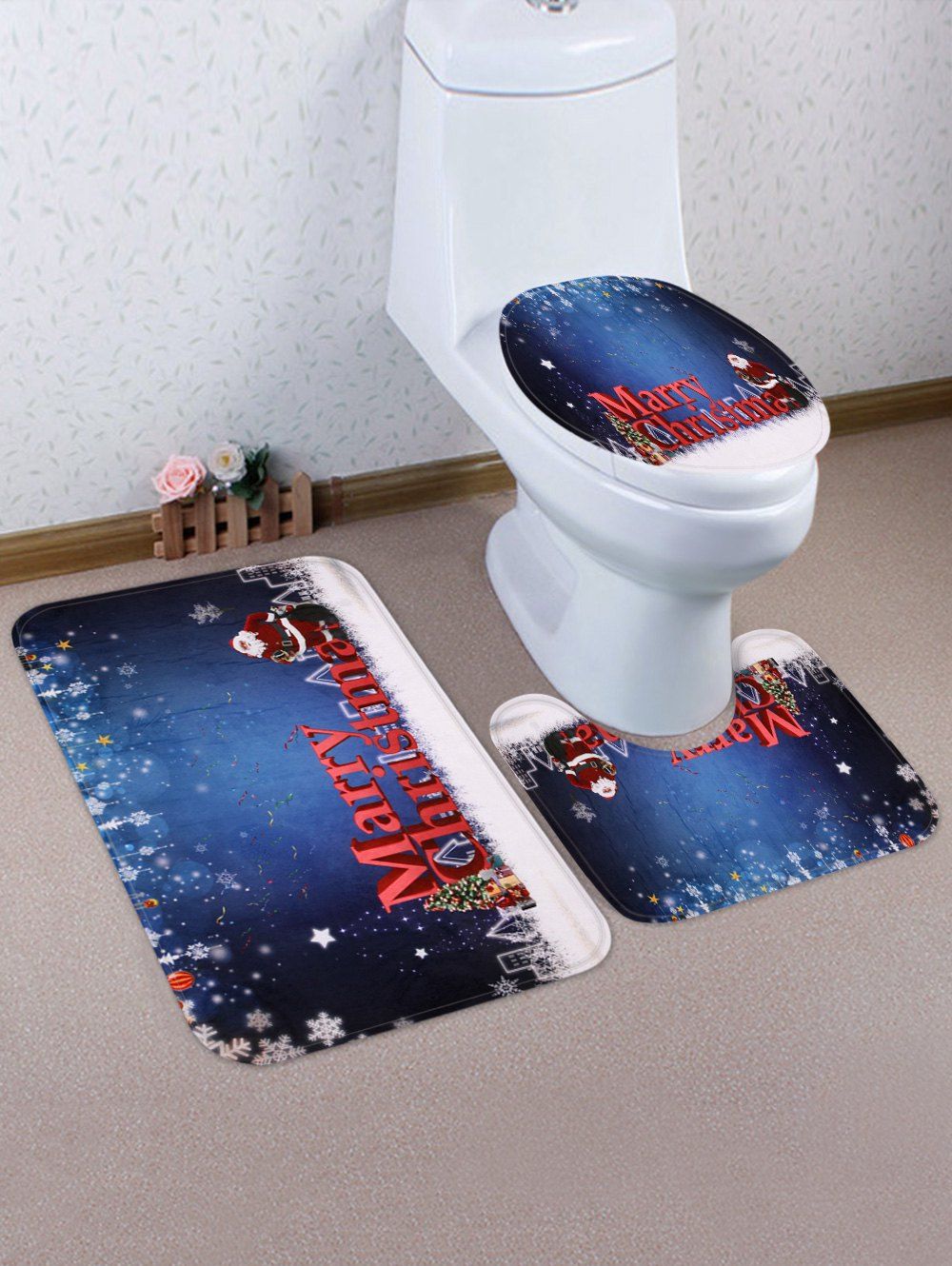 

Christmas Snowfield Pattern 3 Pcs Toilet Mat Set, Blue