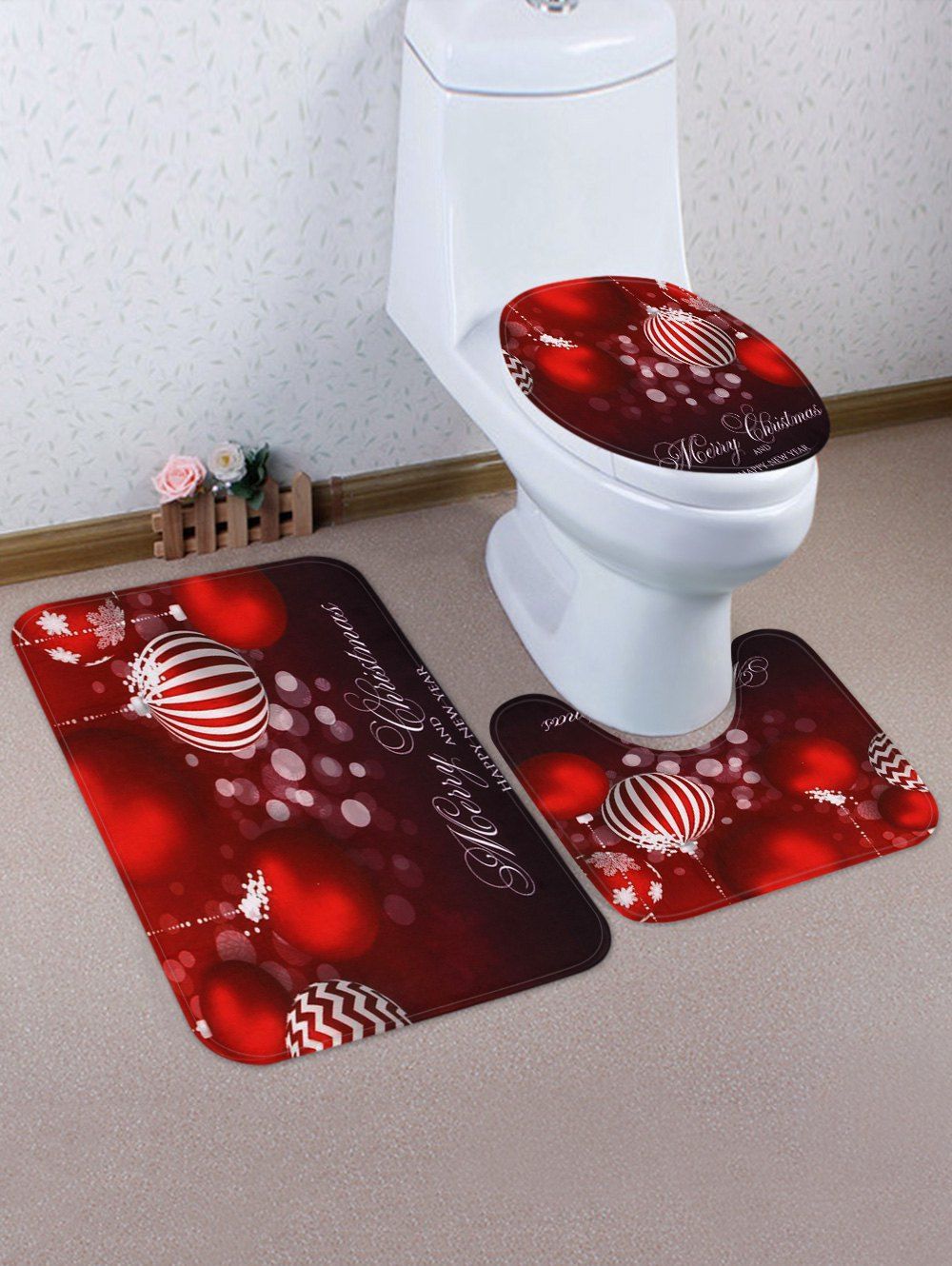 

Christmas Hanging Balls Pattern 3 Pcs Toilet Mat Set, Red